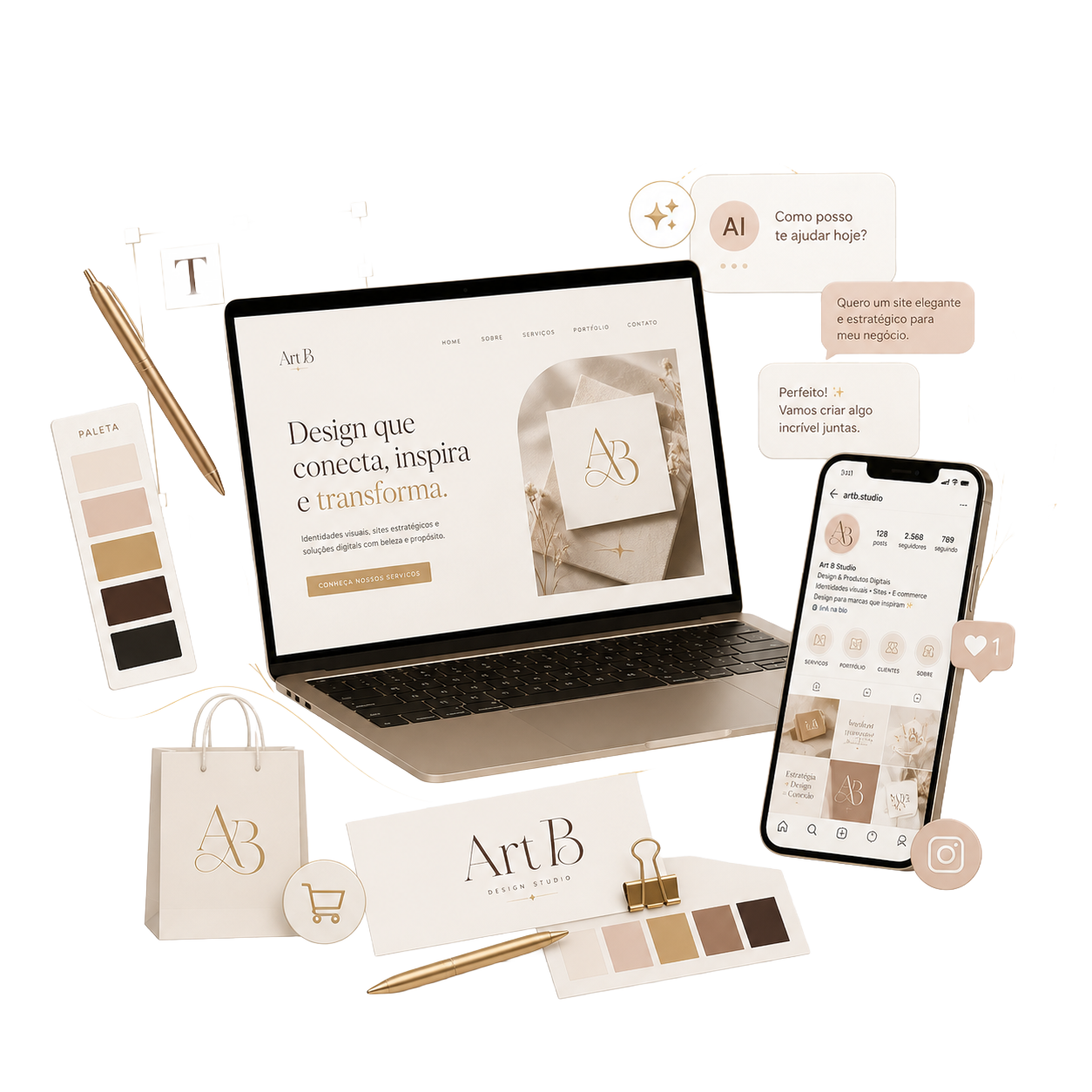 Mockups de identidade visual, site e mobile do Art B Studio